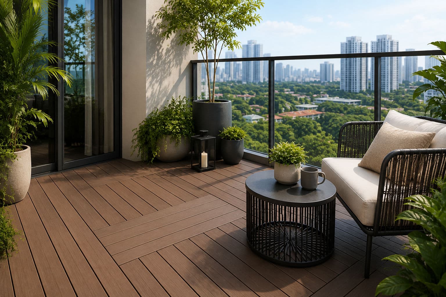 Modern high-rise balcony with premium brown composite wood decking, black minimalist furniture, potted plants, and a Singapore city skyline view