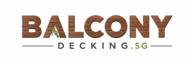 Balcony Decking Singapore logo featuring wood-textured typography and a green leaf accent