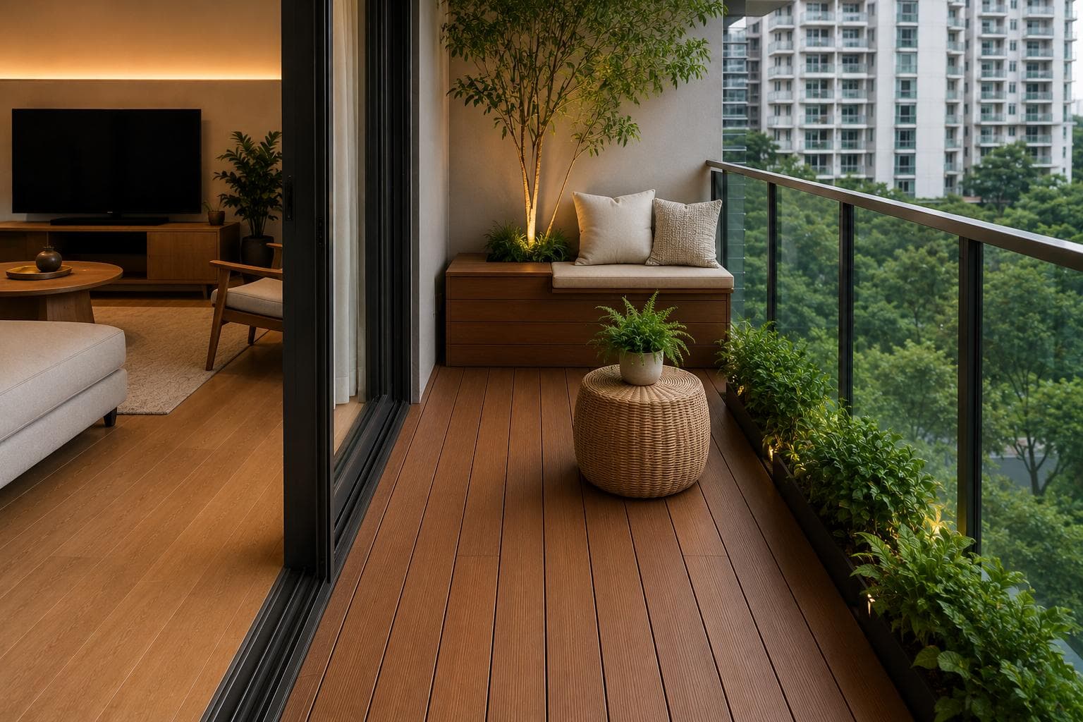 Design-led condo balcony after renovation with warm WPC decking, built-in bench, and indoor-outdoor flow