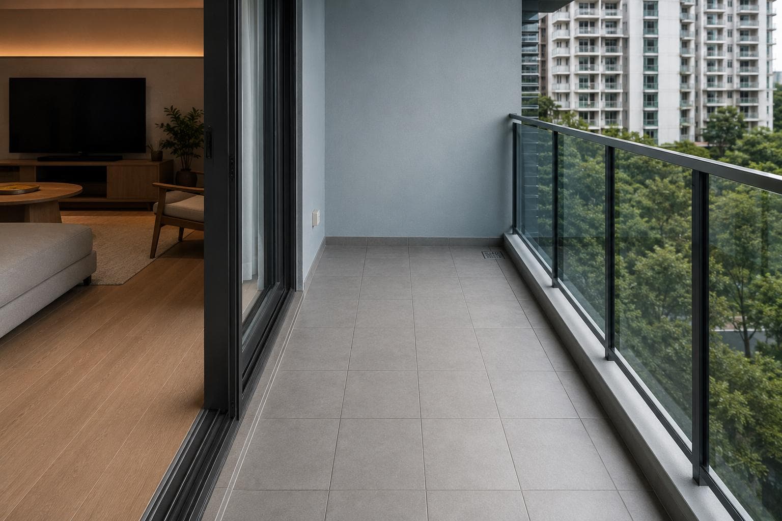 Condo balcony before renovation with grey tiles and open doors to a warm living room