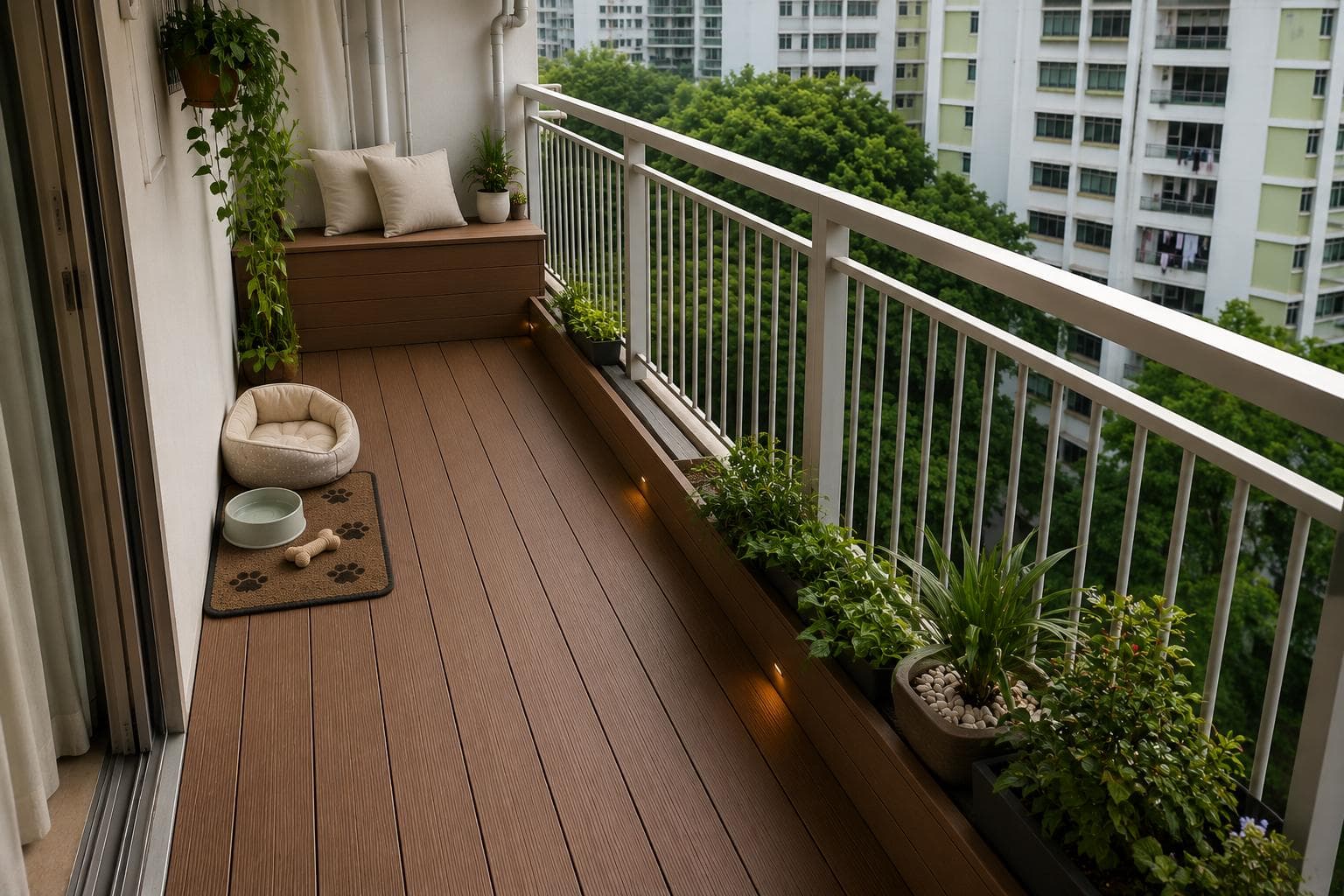 HDB balcony after renovation with composite decking, pet corner, built-in bench, and plants