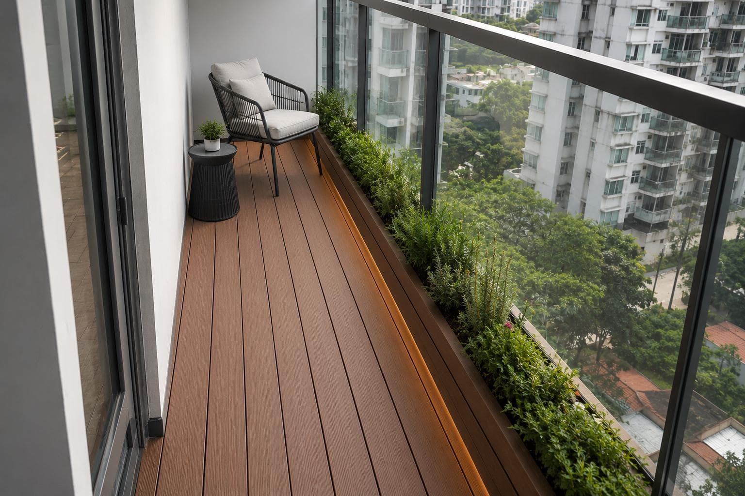 Narrow Singapore condo balcony after renovation with lengthwise composite decking, lighting, and outdoor seating