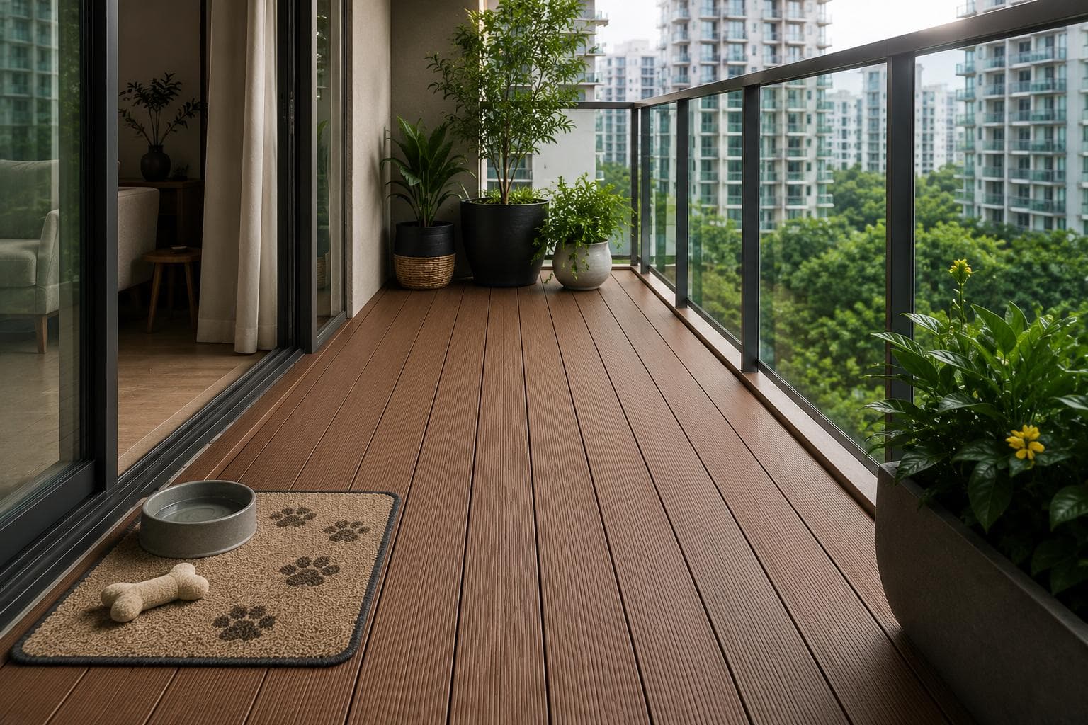 Singapore balcony with composite decking and a pet corner featuring a mat, bowl, and toy near the sliding door