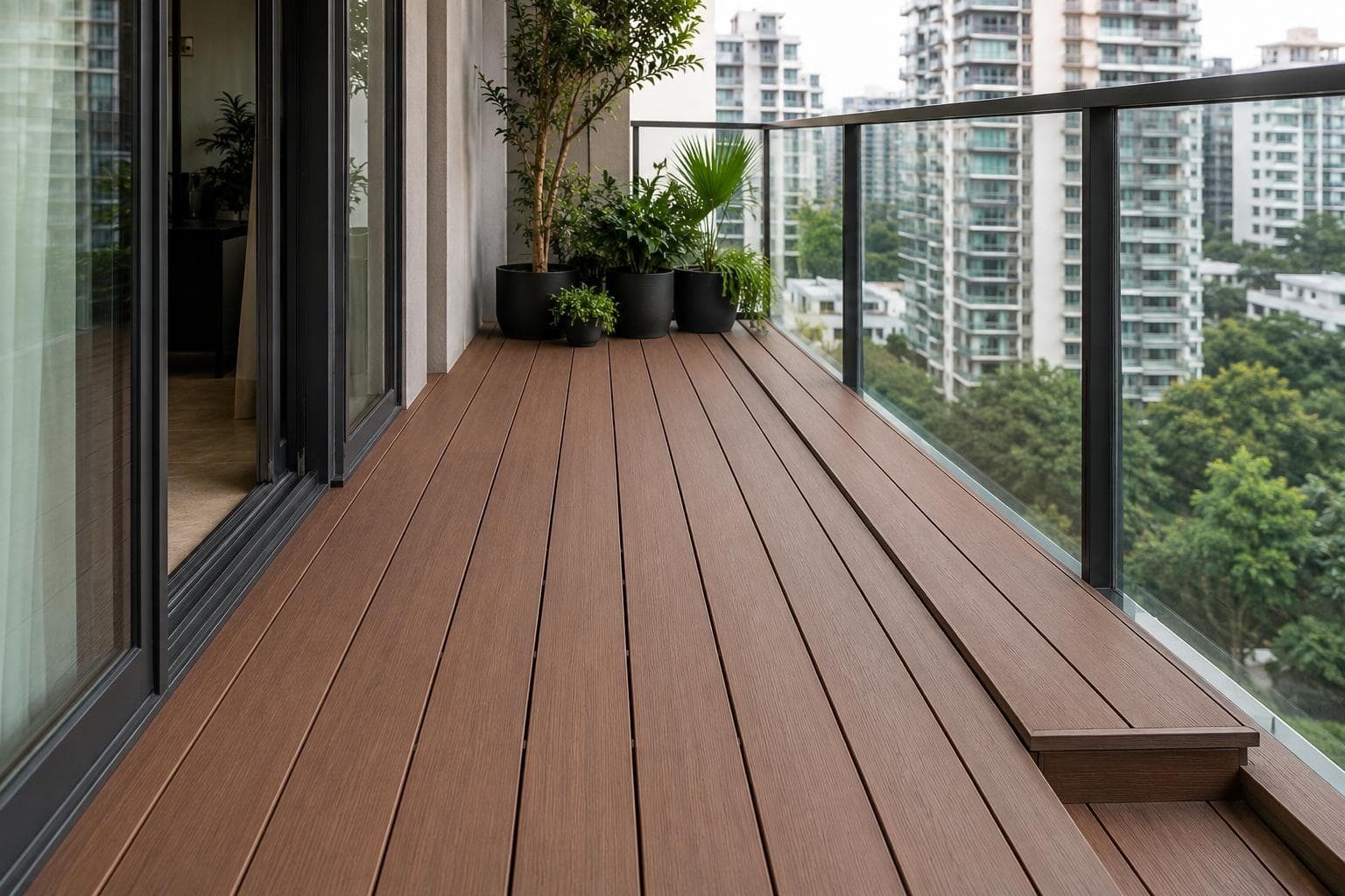 Singapore condo balcony with composite decking covering planter boxes beside a glass railing and city skyline
