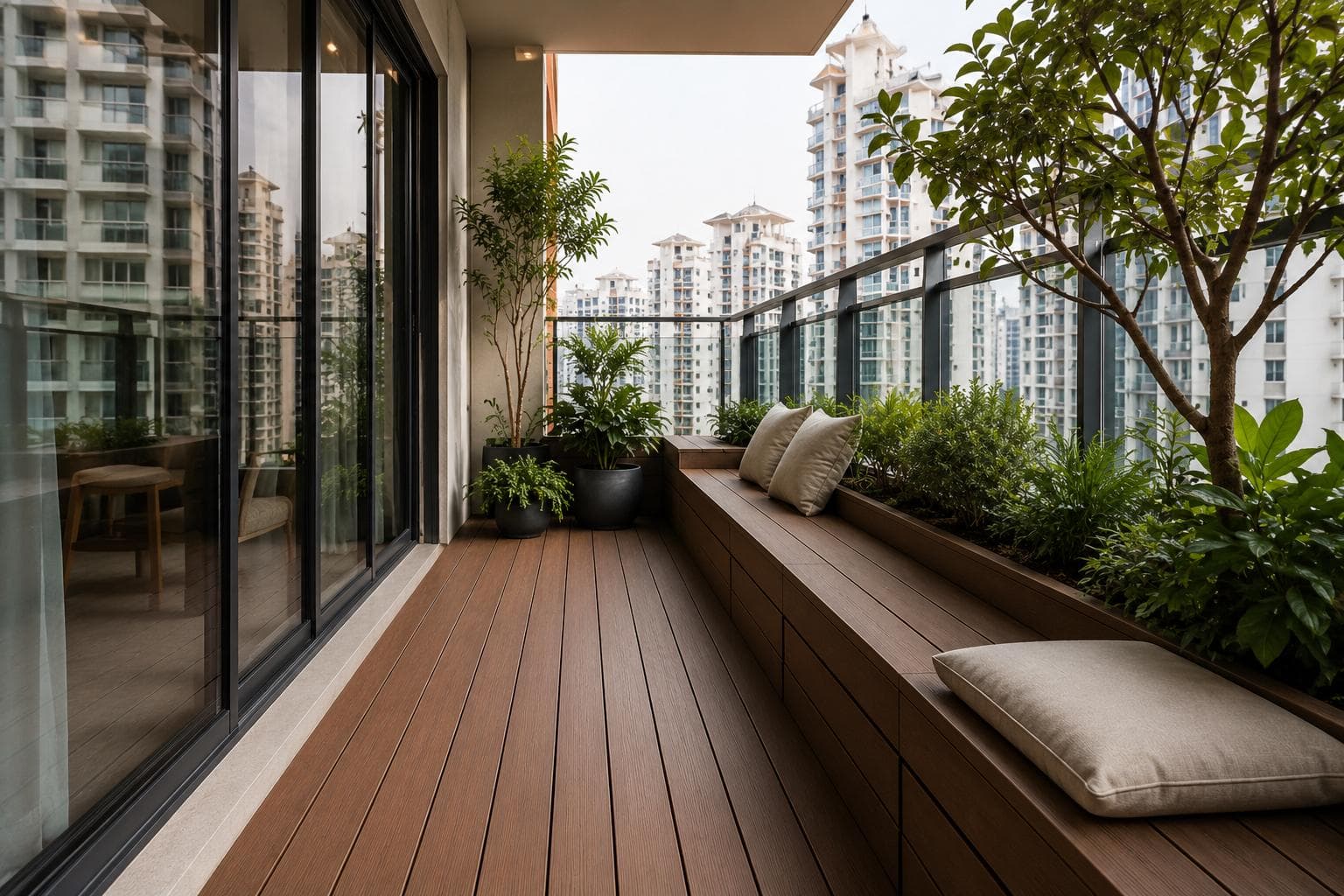 Apartment balcony with warm brown wood decking and a custom-built seating bench with integrated planter and cushions