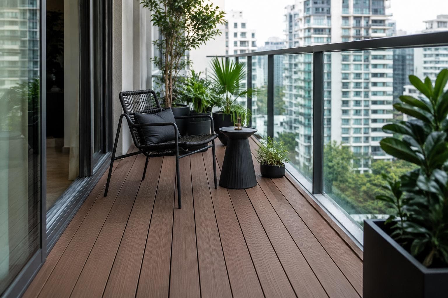 Narrow Singapore condo balcony with lengthwise composite wood decking, slim outdoor chair, plants, and city view